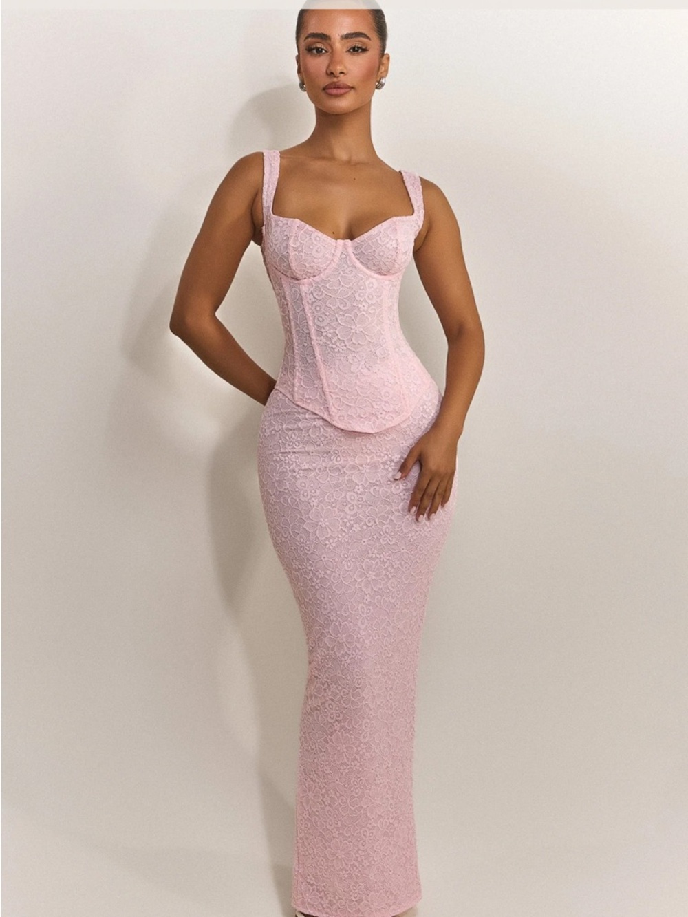 Pink Lace Maxi Dress with Corset Bodice